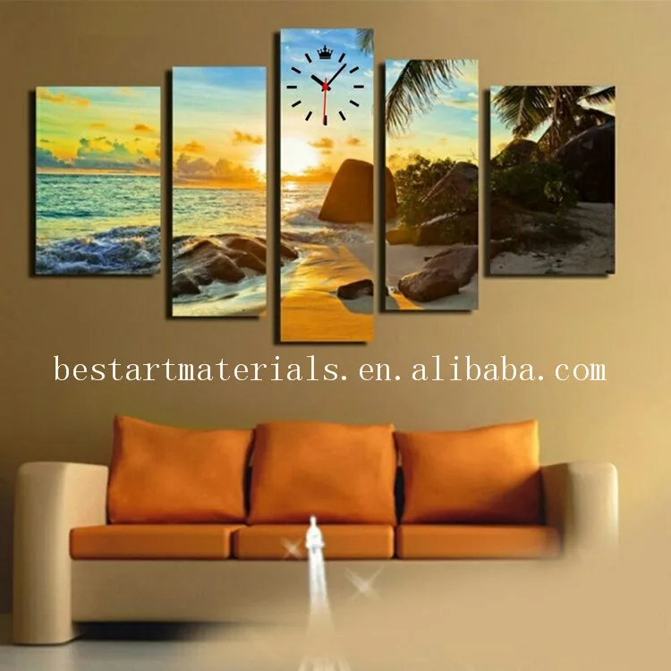 5 Panel Blue Seascape Sunset Oil Painting Print on Canvas Artwork for Modern Living Room Wall