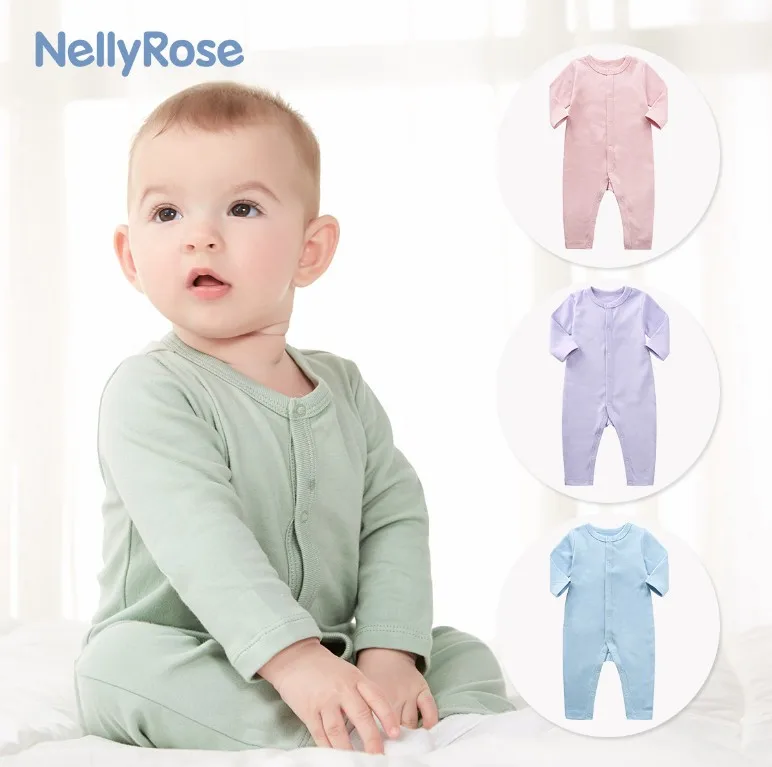 

Newborn Baby Snap Button Solid Cotton Bodysuit Long Sleeve Soft Knitted Cotton Infant Onesie Pink Green Blue Yellow Gray Romper, As photos