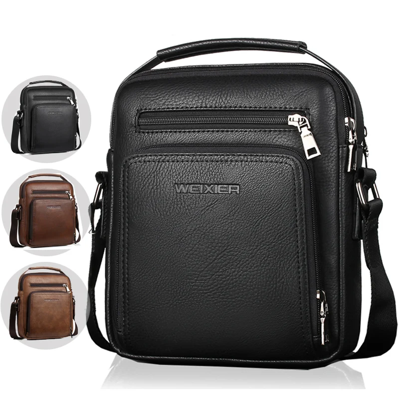 

Mens PU leather shoulder messenger bag custom business casual crossbody tote bag, Black, red brown
