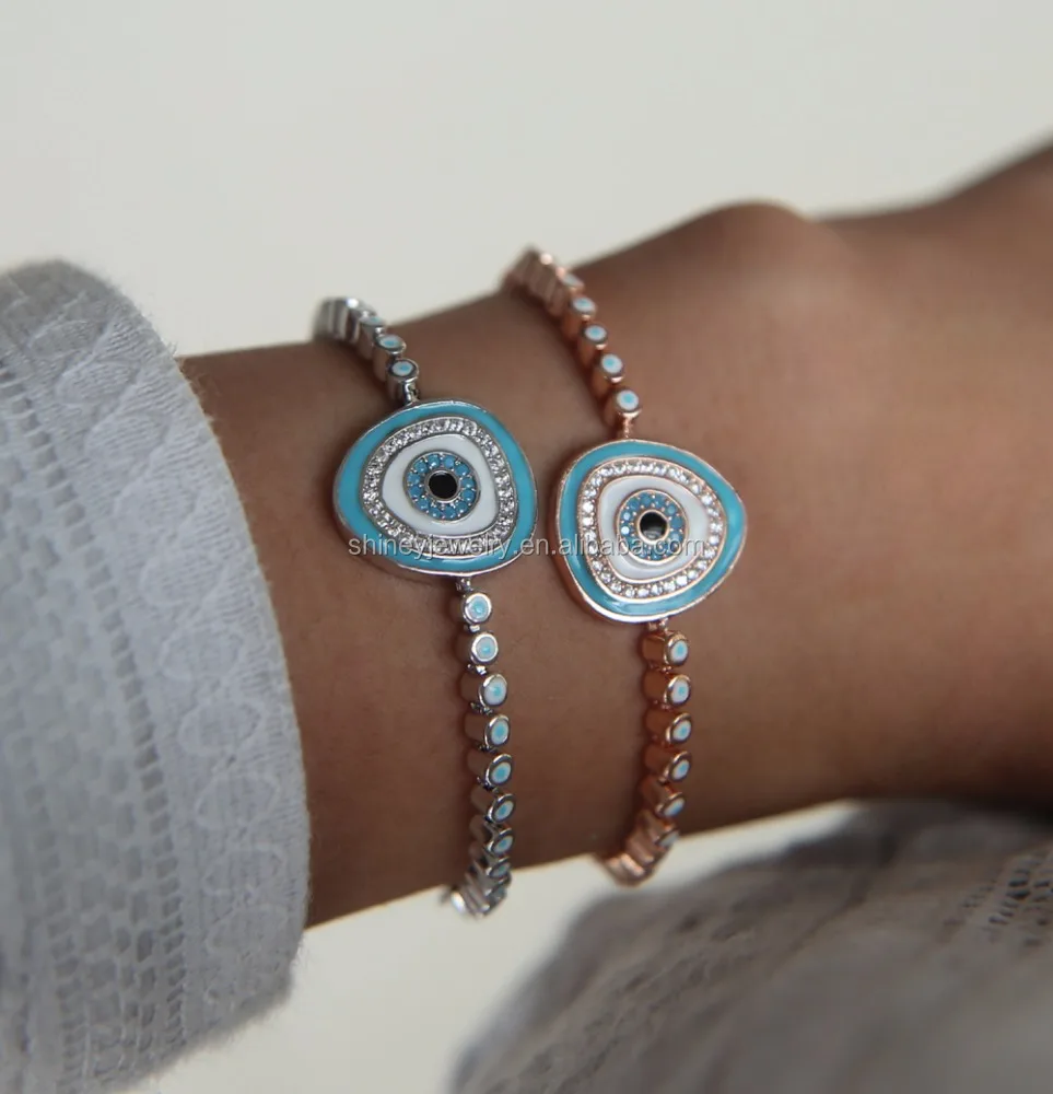 

2017 high quality wholesale free sample promotion blue enamel tennis turkish eye bracelet, Various size and color