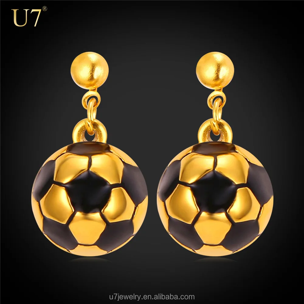 

U7 New soccer ball drop earrings for women enamel stainless steel football dangle earrings sporty jewelry, Gold color