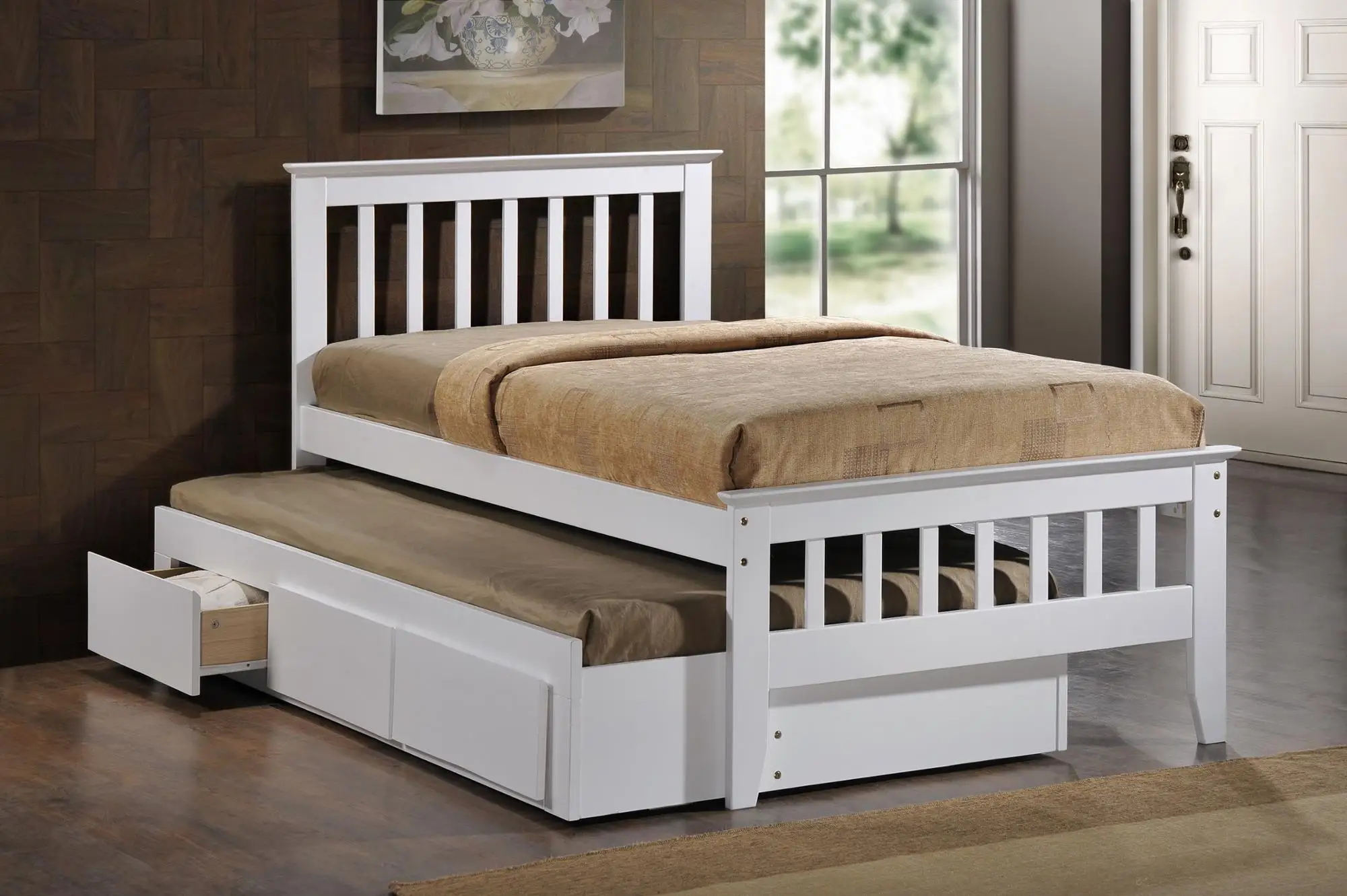 Solid Wood White Bed Frame King Single Size With Trundle And