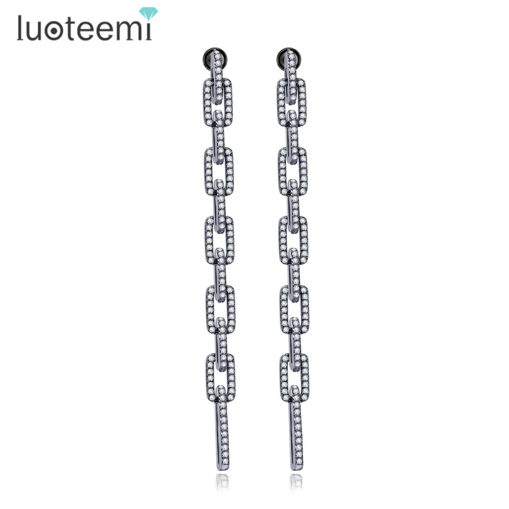 

LUOTEEMI Women Fashion Bar Jewelry A AA CZ Micro Paved Geometric Link Long Earrings