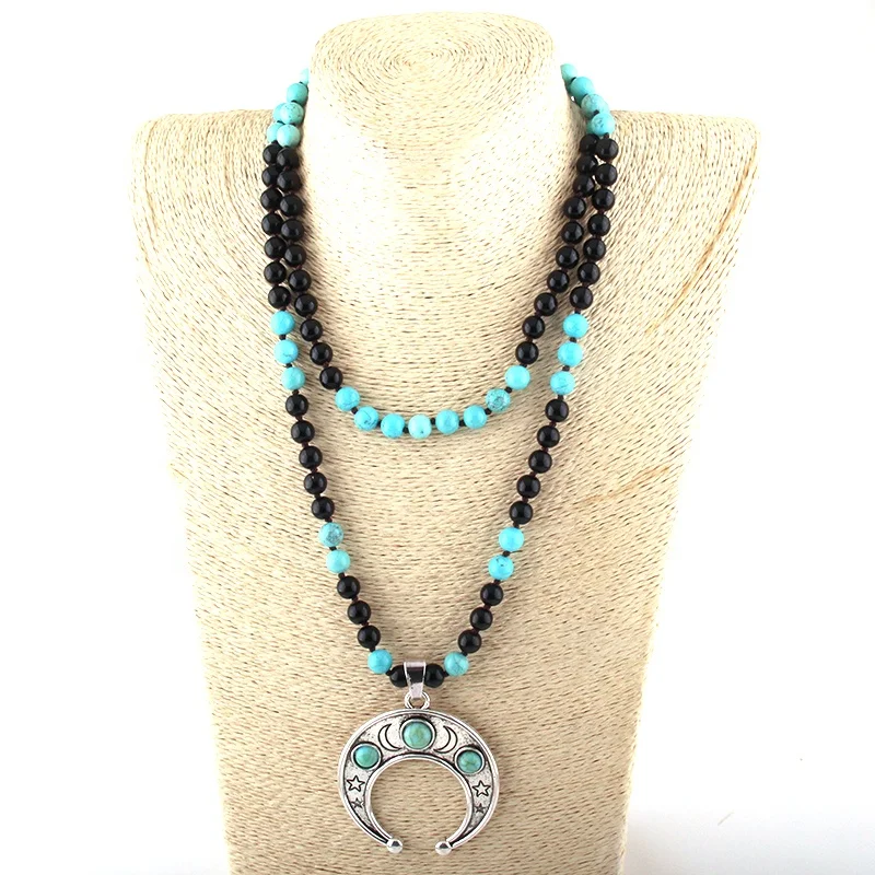 

Fashion Jewelry Women Necklace Black Turquoise Stone Knotted Metal Moon Star Pendant Necklaces 108 Beads Mala Necklace