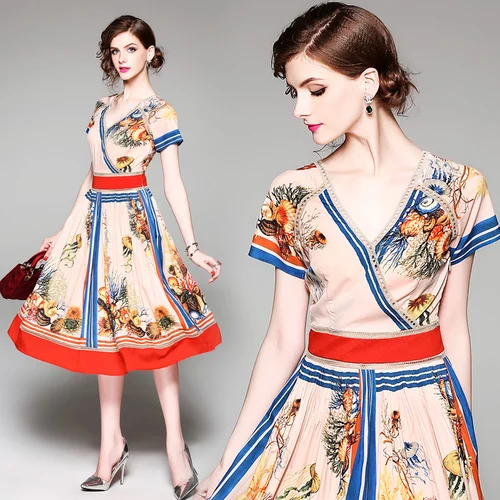 2019 European And American Women's Fashion New V-neck Print Straps Waist Dress Large Swing Dress