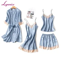 

2019 Lynmiss Wholesale four pieces Pajamas robe Women Soft Adult sexy ladies satin pajama set