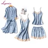 2019 Lynmiss Wholesale four pieces Pajamas robe Women Soft Adult sexy ladies satin pajama set
