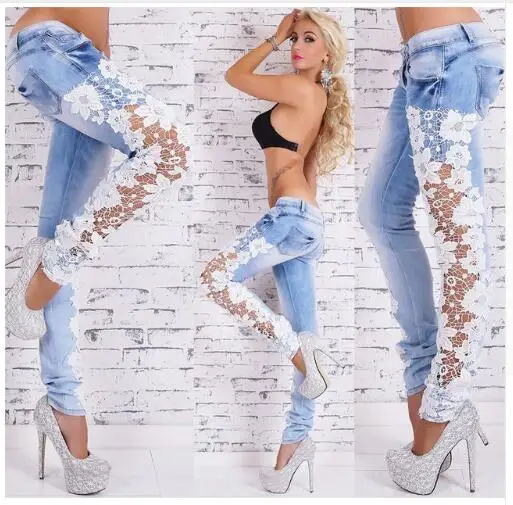 

Sexy Women Stretchy Floral Print Elastic Leggings High Waist Pantalones Mujer Legging Sexy Lace Patchwork Jeans Leggings, As picture