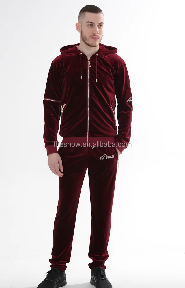 Bulk Wholesale Clothing Custom Zip Up Men's Red Burgundy Velvet Tracksuits Buy Men's Red