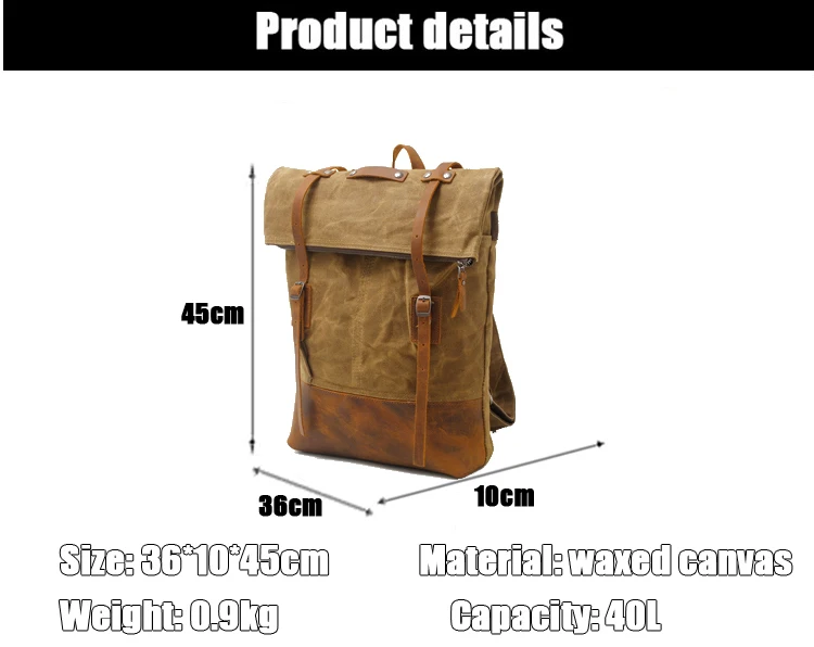 Outdoor design brand vintage water resistant unisex waxed canvas back pack satchel rucksack backpack bag with leather trim