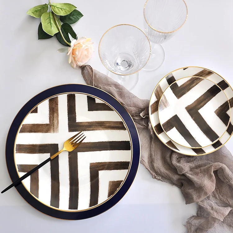 

Nordic Style Modern Shape Design Bone China Dinner Plate With Gold Rim