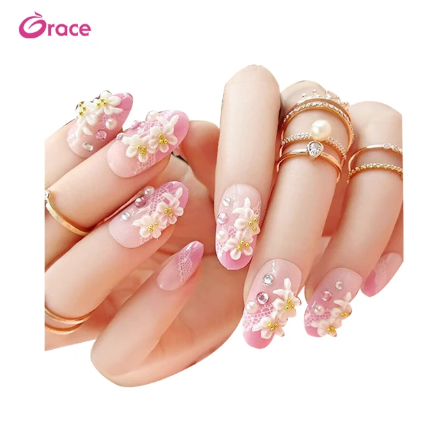 

A04 artificial bride false nail tips fingernails 3d korean nails press on nail tips pre design full cover fake nails, Pink