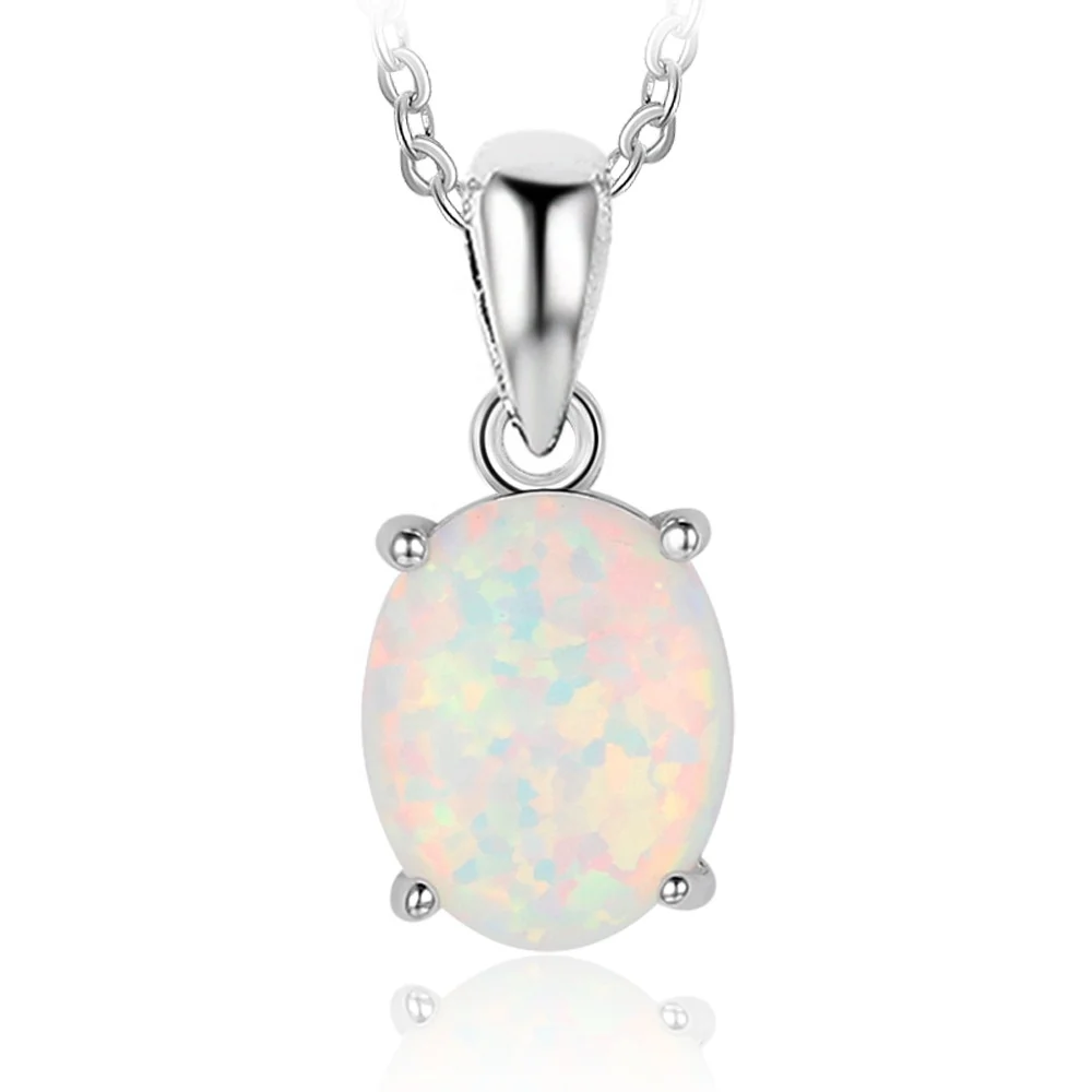 

925 Silver Fascinating Colorful Oval Egg Opal Stone Pendant Necklace For Teenager Girls Party Wedding Jewelry Necklace JUNLU