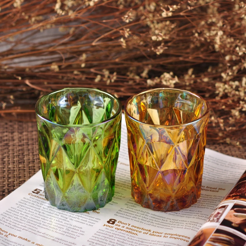 Green iridescent diamond glass candle jars home decoration wholesale