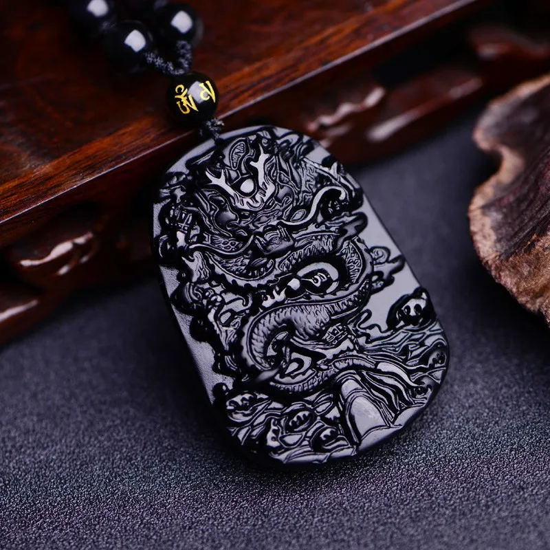 

Wholesale Natural Black Obsidian Carved Dragon Amulet Lucky Pendant beads necklace for men's Fashion Jades Jewelry