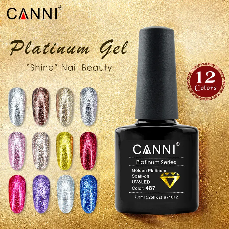 

#71012 CANNI 7.3ml Cosmetic Nail Art Acrylic Glitter Powder Color Platinum Gel Diamond Supper Glitter Starry Platinum Paint Gel, 12 colors