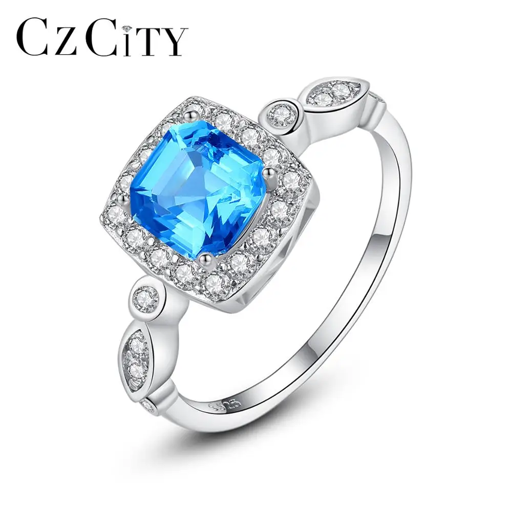 

CZCITY Topaz Engagement Gemstone Ring for Women Square Classic Sky Blue Gemstone Wedding Rings