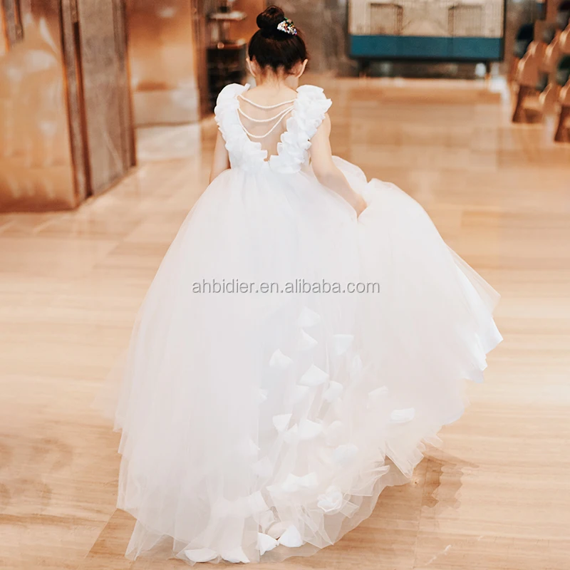 

Backless Lace Tulle Wedding Flower Girl Dress with Pearls
