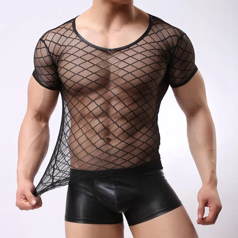 

Fashion Mens Sexy Singlet Plaid Transparent Mesh T Shirts Gay Male Exotic Tshirt Club Wear Fetish Sleepwear T-shirt Undershirt
