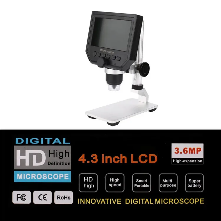  3.6MP LCD Display Electronic Digital Microscope with Adjustable Metal Stand Continuous Magnification' data-alt='G600 600X 4.3