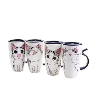 Image of Cute Cat Style Ceramic Mugs with Lid & Spoon Cartoon Creative Moring Mug Milk Coffee Tea Unique Porcelain Mugs 600ml
