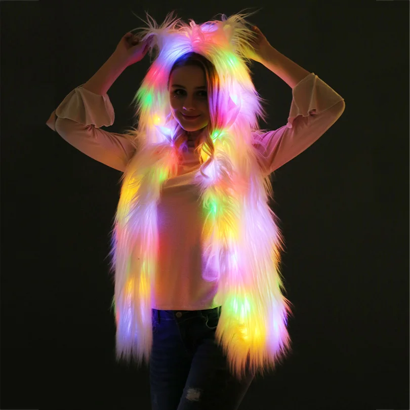 Winter White LED Lights Hooded Faux Fur Vest Coat Jacket Halloween Christmas Party vests