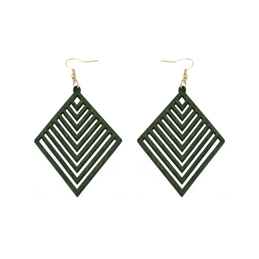 

Retro Diamond-shaped Hollow Wood Pendant Earrings, As picture show