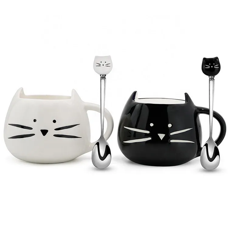 

creative cute cartoon black and white cat shape gift porcelain mug with spoon