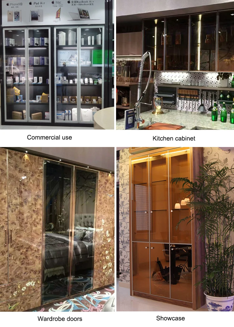 Custom size Aluminum Frame Glass Door with tempered glass hinges wheels for kitchen cabinet wardrobe bath mirror