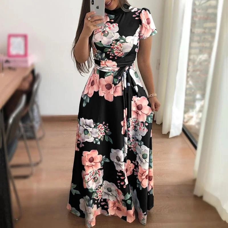 

2018Hot New European and American Style Small Stand Collar Flower Print Short Sleeve Big Swing Dress Woman Clothing