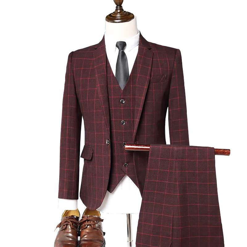 

In-Stock Plaid Wedding Suits One Button 3 Pieces Jacket Pants Vest Mens Suits, Grey;red;blue