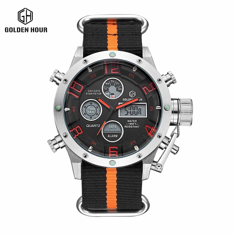 

Golden Hour 106 Top Brand Mens new Design Quartz Watches Luxury nylon double time zone sports male outdoor clock