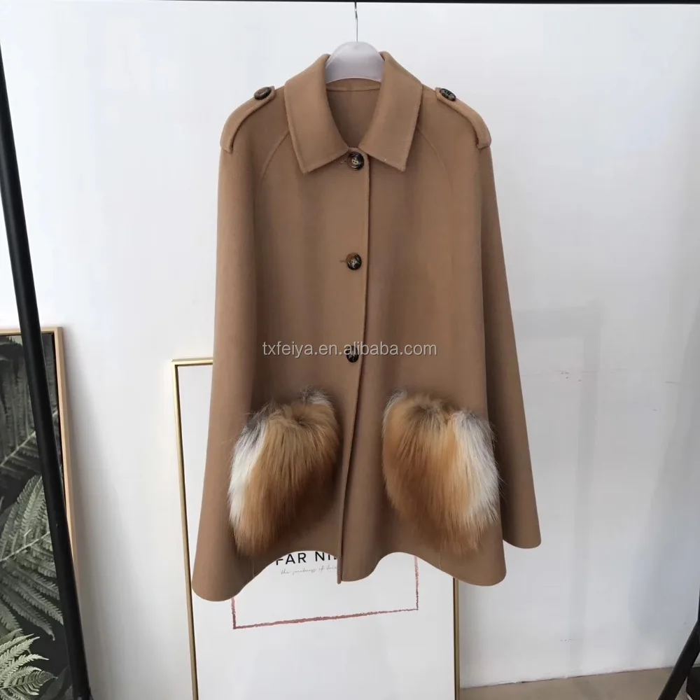 

2017 Max style winter wool pashmina shawl with red fox fur winter coat women, We can dye any color