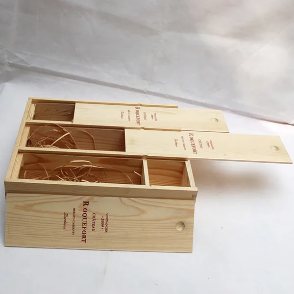 3 bottle pine wood sliding lid box top quality