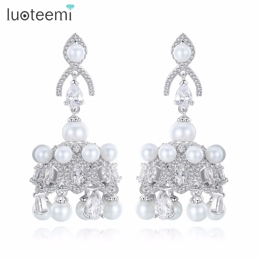 

LUOTEEMI Wholesale Cheap Fashion Hat Shape Drop Earring Mounting White Pearl&Clear CZ Crystal Stone For Women Wedding Party