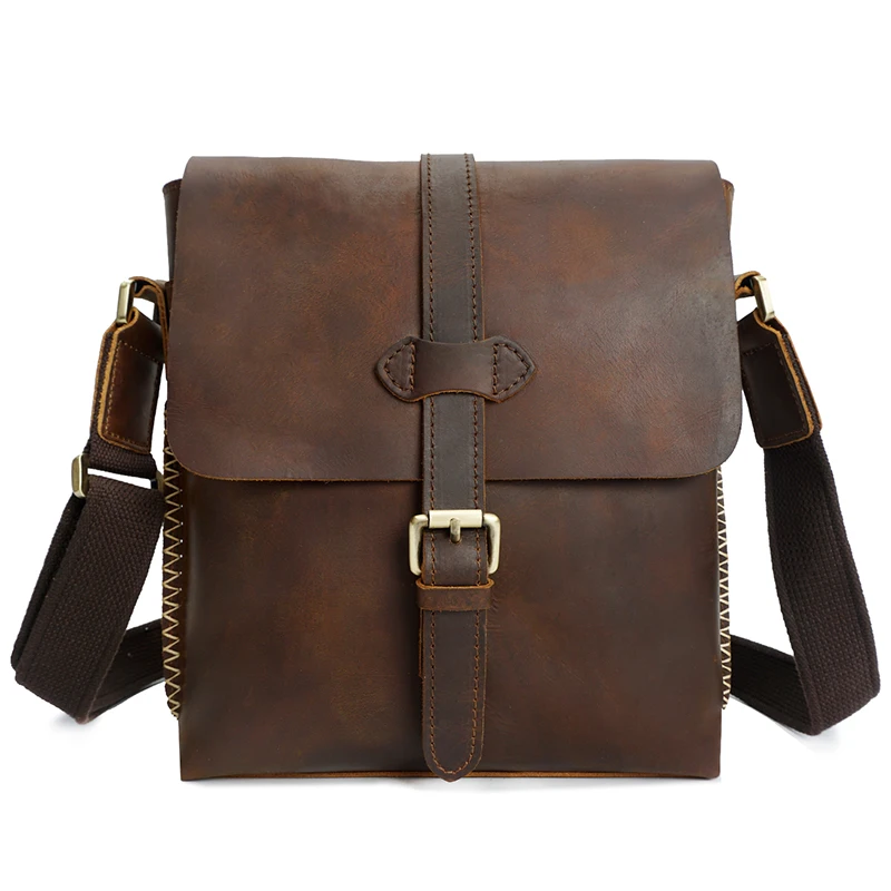 

YD-8086 Brand Classical Design Crazy Horse Leather Men's Satchel CrossBody Sling Shoulder Bag, Light brown dark brown