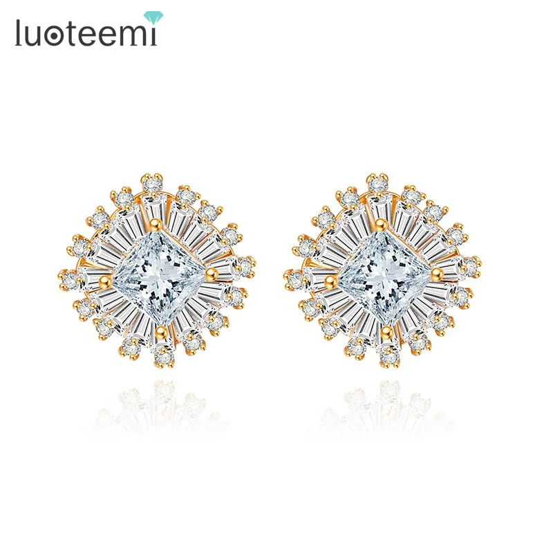 

LUOTEEMI Wholesale Women Holiday Season Must Have Champagne Gold Jewelry Cocktail Party Sparking Small Square CZ Stud Earrings