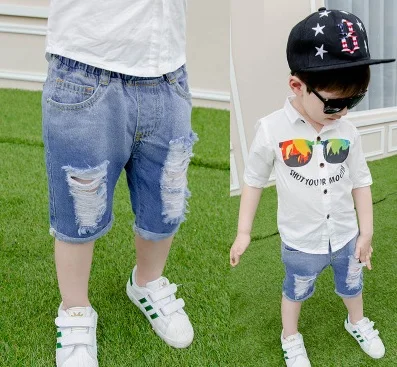 

Boy's Summer Half Pattern Light Blue Hole Type Denim Pants In Bulk Cheap Price, As pictures or as your needs