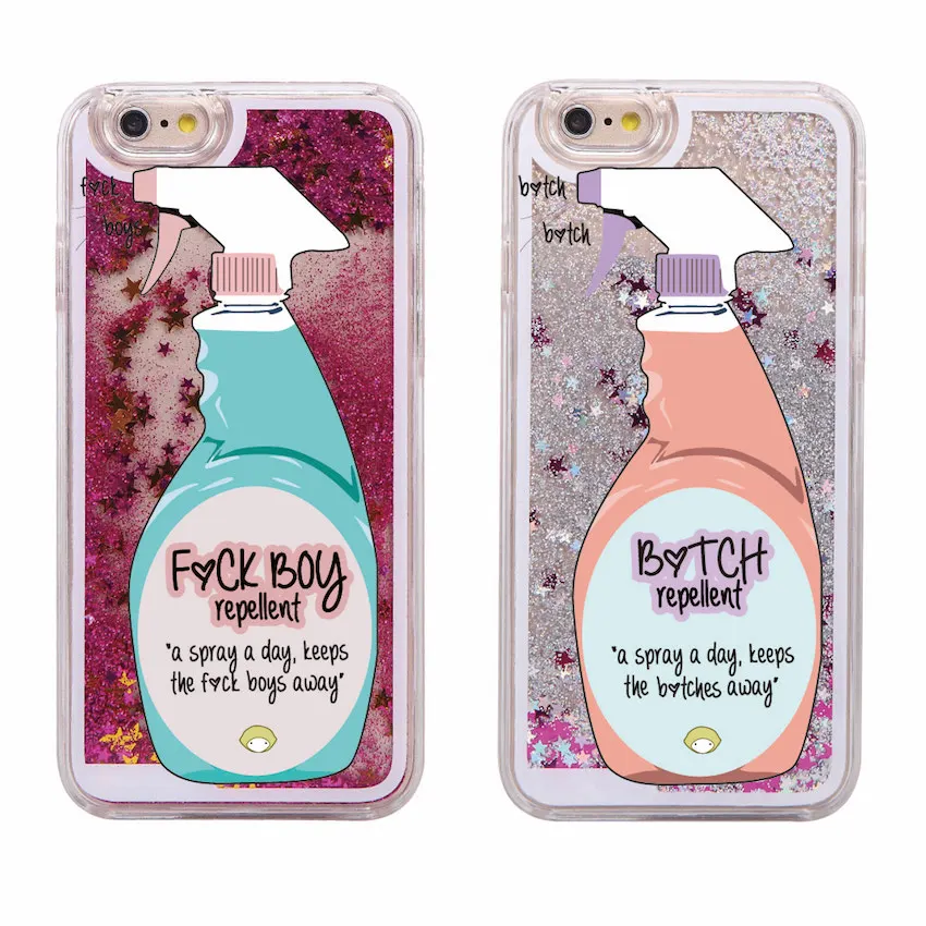 

Sexy Repellent Spray FBoys Bitch Away Heart Quicksand Glitter Liquid Hard Case For iPhone 7 7Plus 6 6S 5S SE 8 8Plus X XS Max