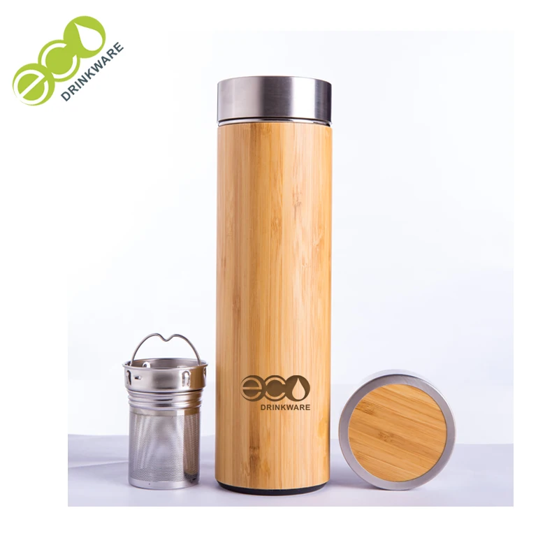 

BPA free Custom promotional high grade laser engraved bamboo coffee bottle with cup lid