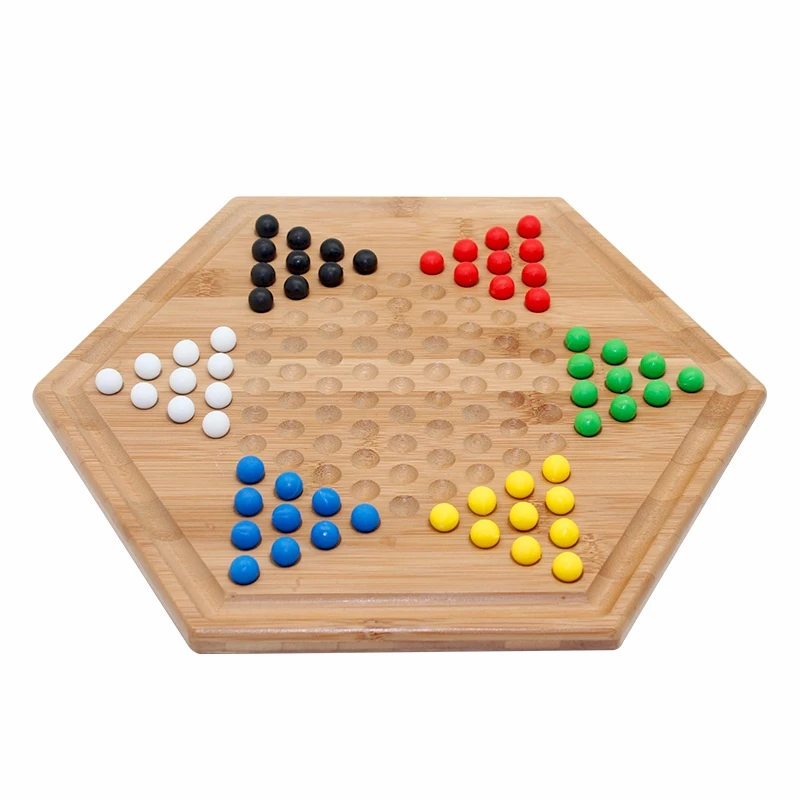 wooden board game with marbles