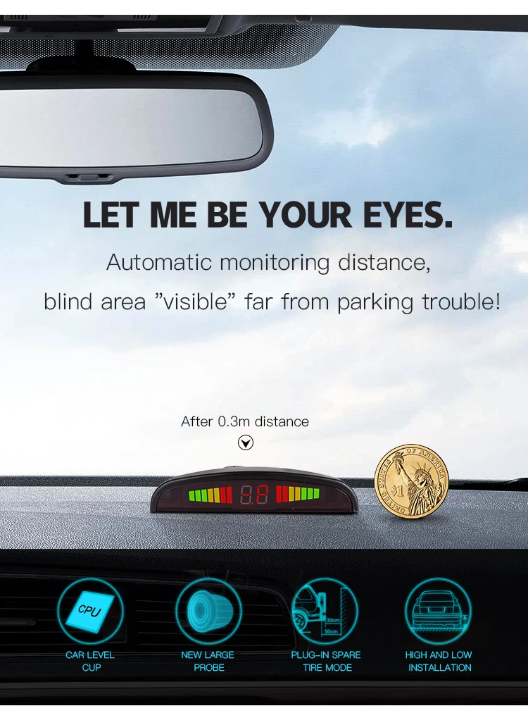 Car LED Parking Sensor Kit 4 Sensors 22mm Backlight Display Reverse Backup Radar Monitor System 12V Many Colors Optional