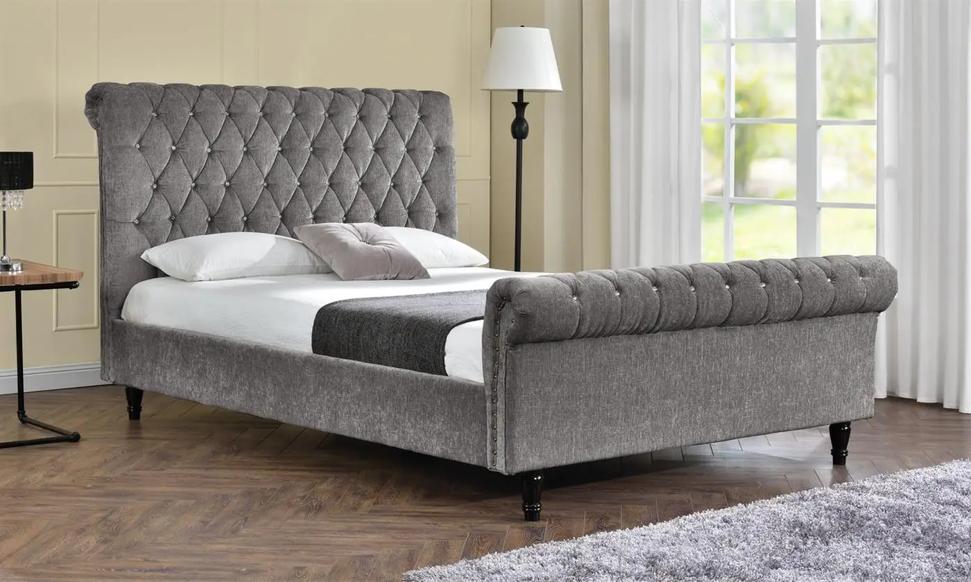 Upholstered Queen Grey Antique Sleigh Bed Fabric Bed Crushed Velvet