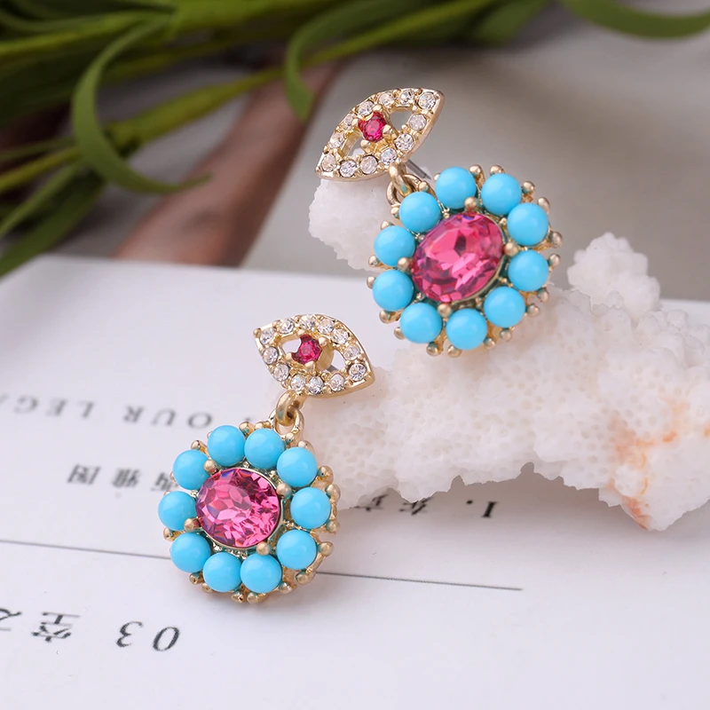 

American Drop Jewellery Drop Ship Mini Square Diamond Hoops Ruby Evil Eye Charm Turquoise Flower Women Diamond Stud Earrings, Gold