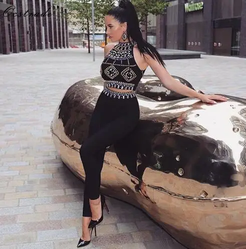 

High Quality sleeveless 2 pcs all black long leg jumpsuit with beaded, Yellow