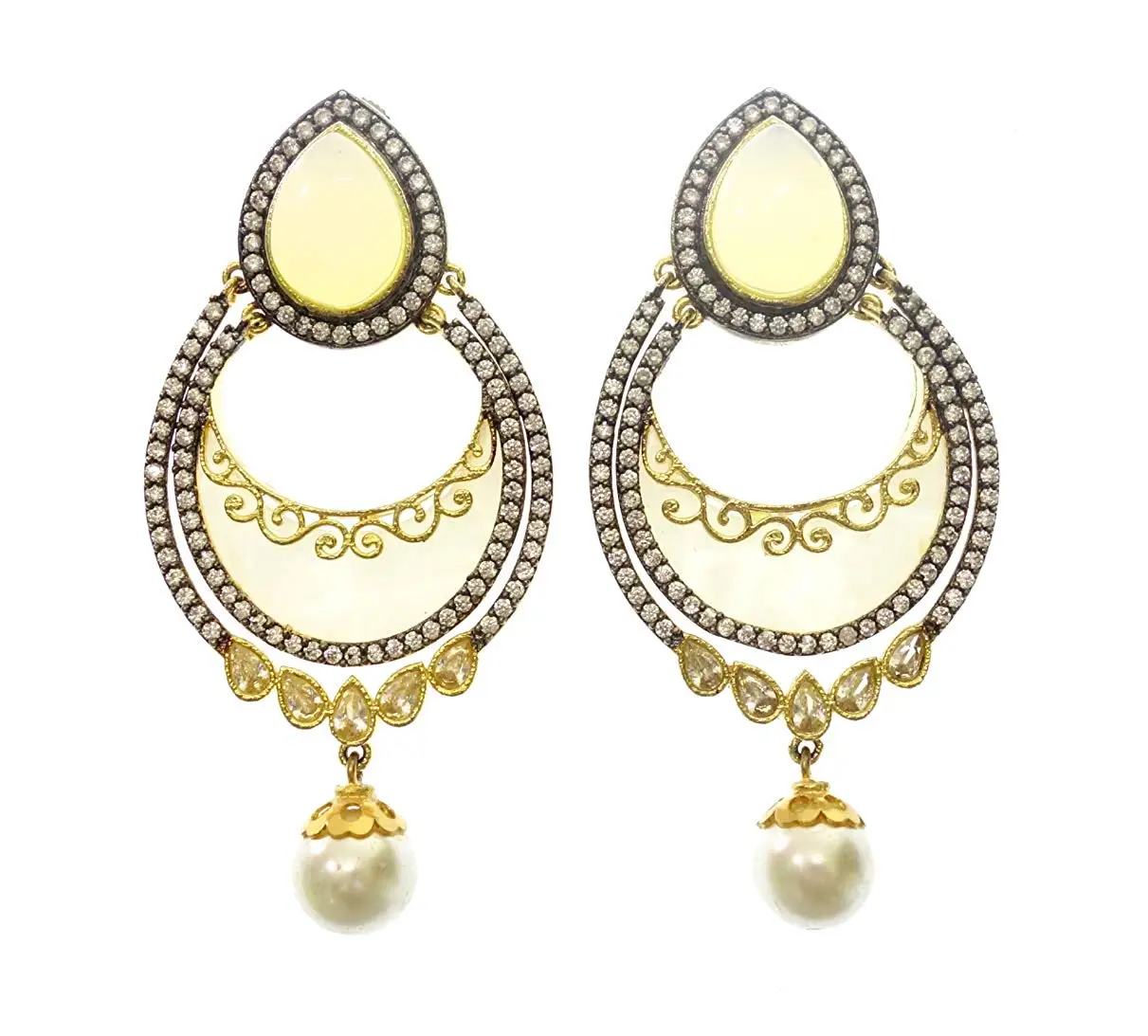 MOTHER OF PEARL AND SIMULATED PEARL 22 CARAT GOLD PLATED FASHION DROP DANGLE HANDMADE VICTORIAN CUBIC ZIRCON GEMSTONE UNIQUE DESIGNER EARRINGS FOR WOMEN AND GIRLS BY ARTISAN FIRE OPAL