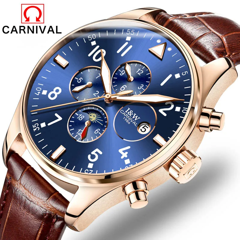 

8764 Carnival Brand Multifunction 6 Hands Men Luxury Mineral Fashion Mechanical Casual Luminous Wrist Watch, Black / blue / grey / brown