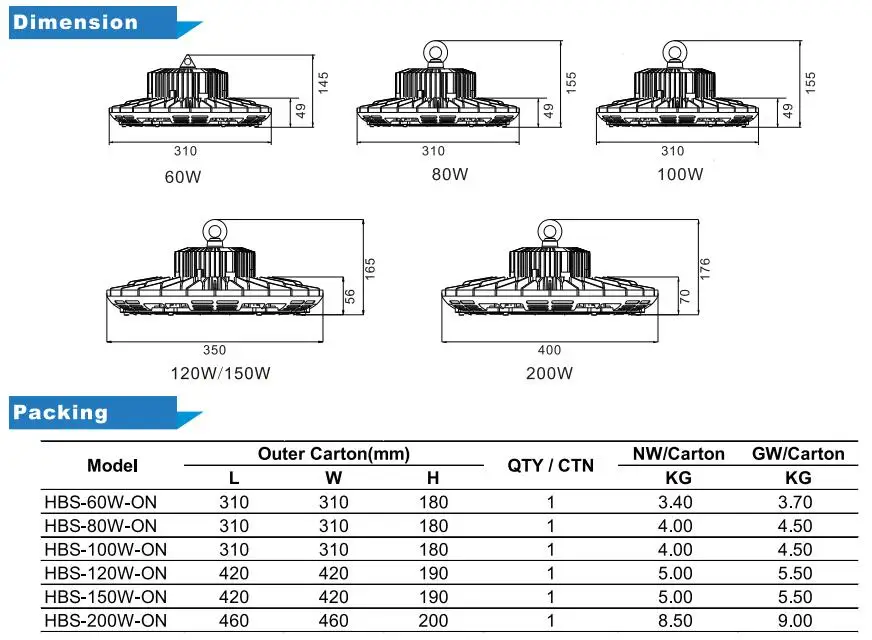 60w 80w 100w 120w 150w 200w UFO Led High Bay light - ANKUX.COM