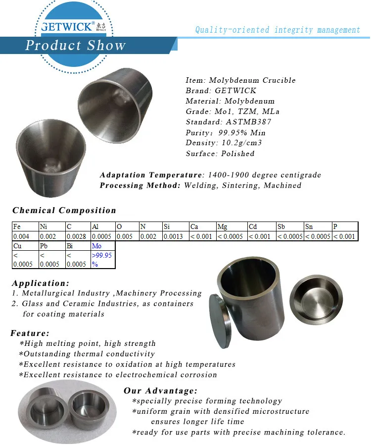 high temperature 1800c resistant molybdenum crucible from getwick