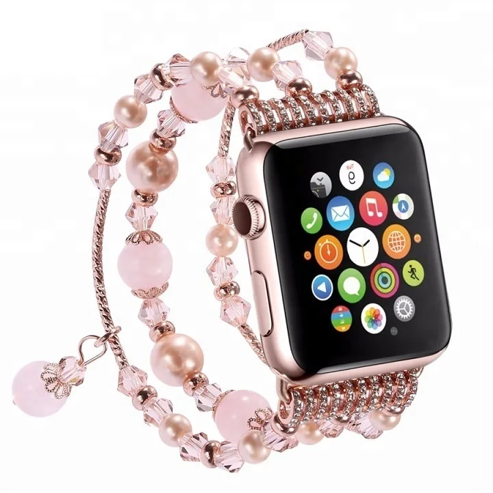 

Amazon Best Seller Luxury Decorated Handmade Women Jewelry Agate Stone Bracelet Replacement Strap For Apple Watch Series 3 1 2, Pink;white;purple;gray
